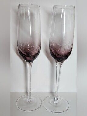 Set Of 2 Pier 1 Purple Amethyst Crackle Champagne Flutes